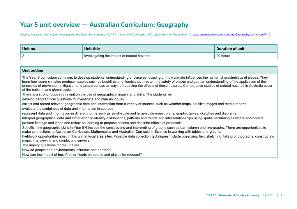 Year 5 Unit Overview Australian Curriculum: Geography