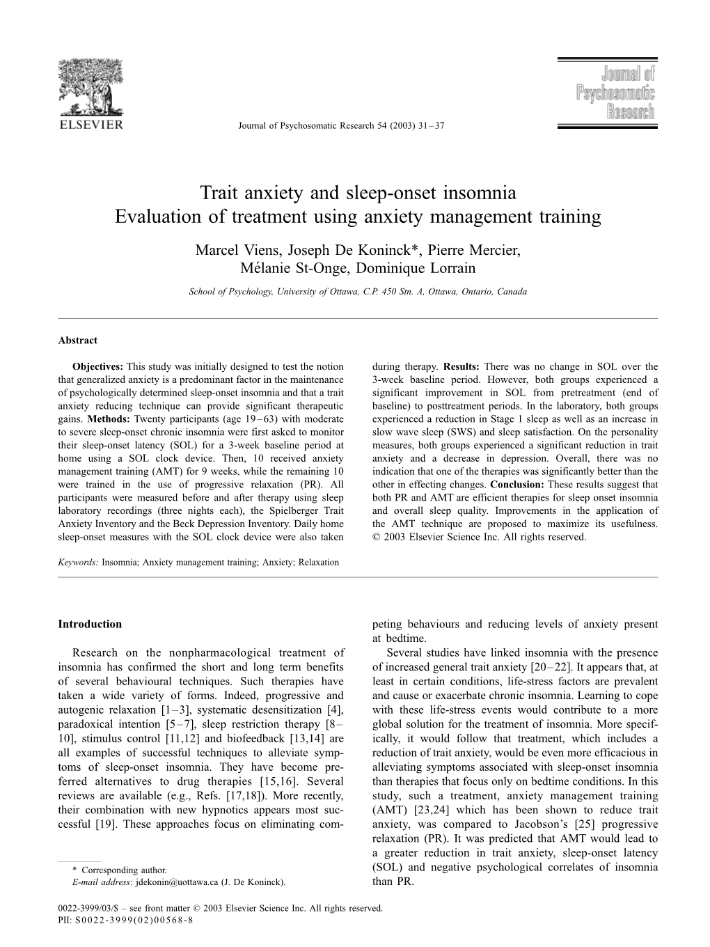 Trait Anxiety and Sleep-Onset Insomnia Evaluation of Treatment Using Anxiety Management Training