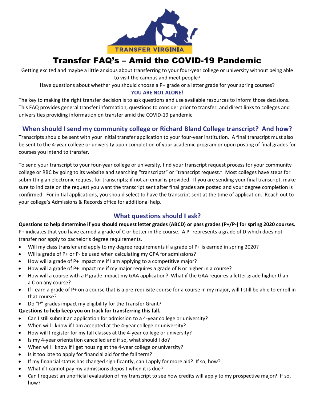 Transfer FAQ's – Amid the COVID-19 Pandemic
