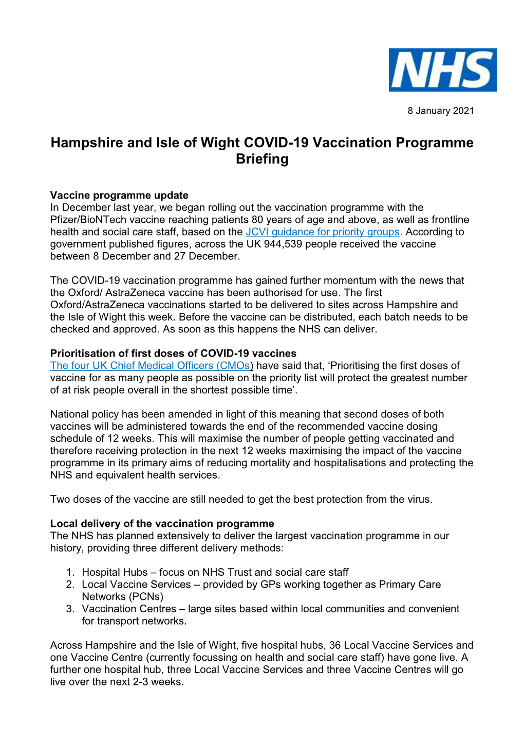 Hampshire and Isle of Wight COVID-19 Vaccination Programme Briefing