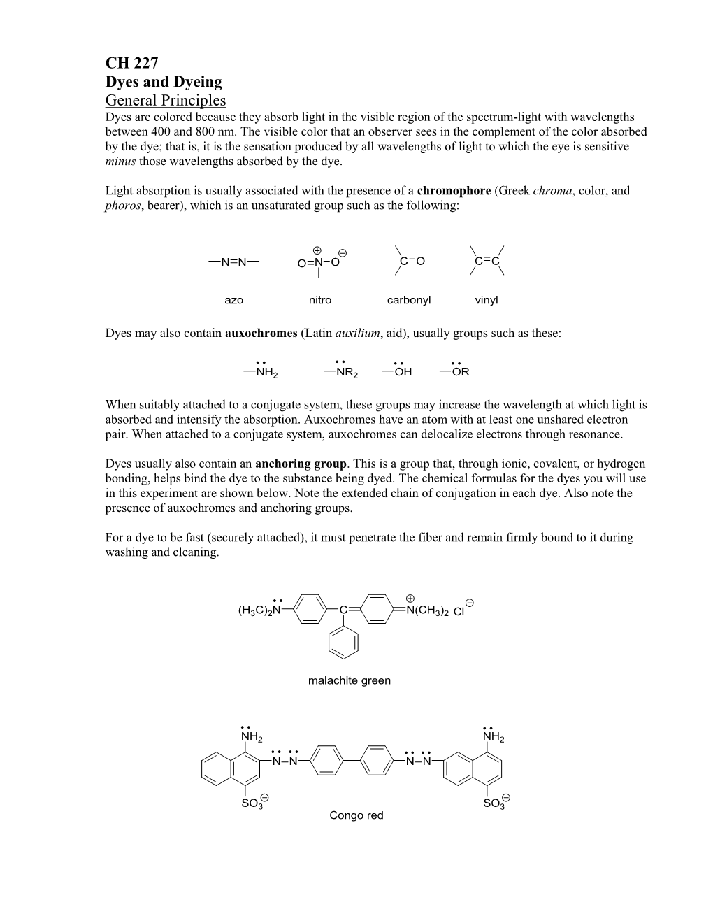 CH 227 Dyes and Dyeing General Principles