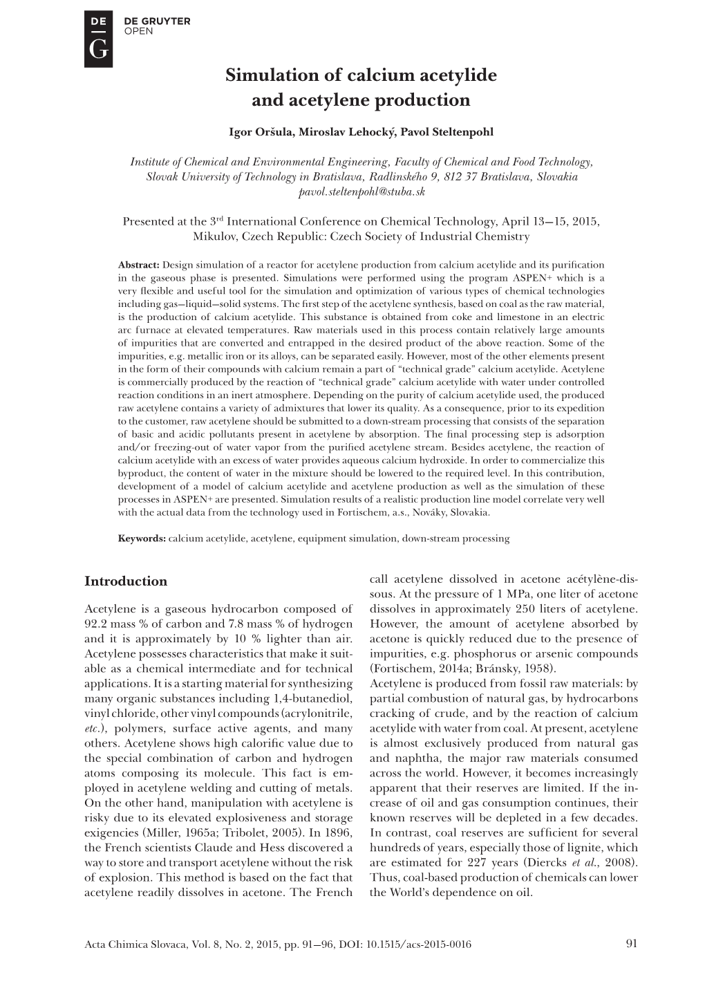 Simulation of Calcium Acetylide and Acetylene Production