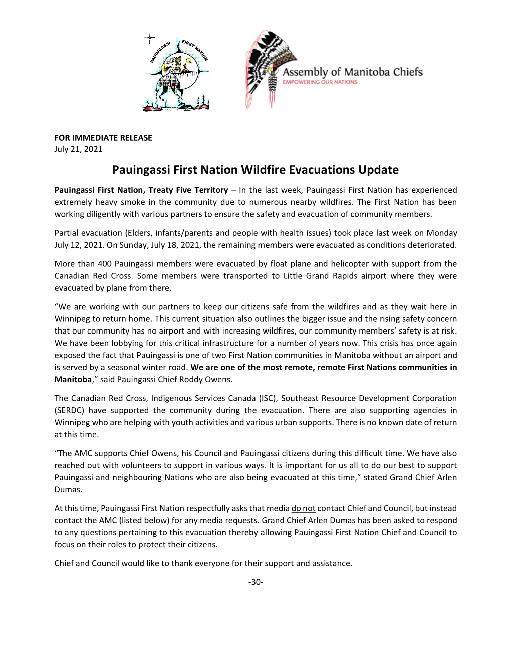 Pauingassi First Nation Wildfire Evacuations Update