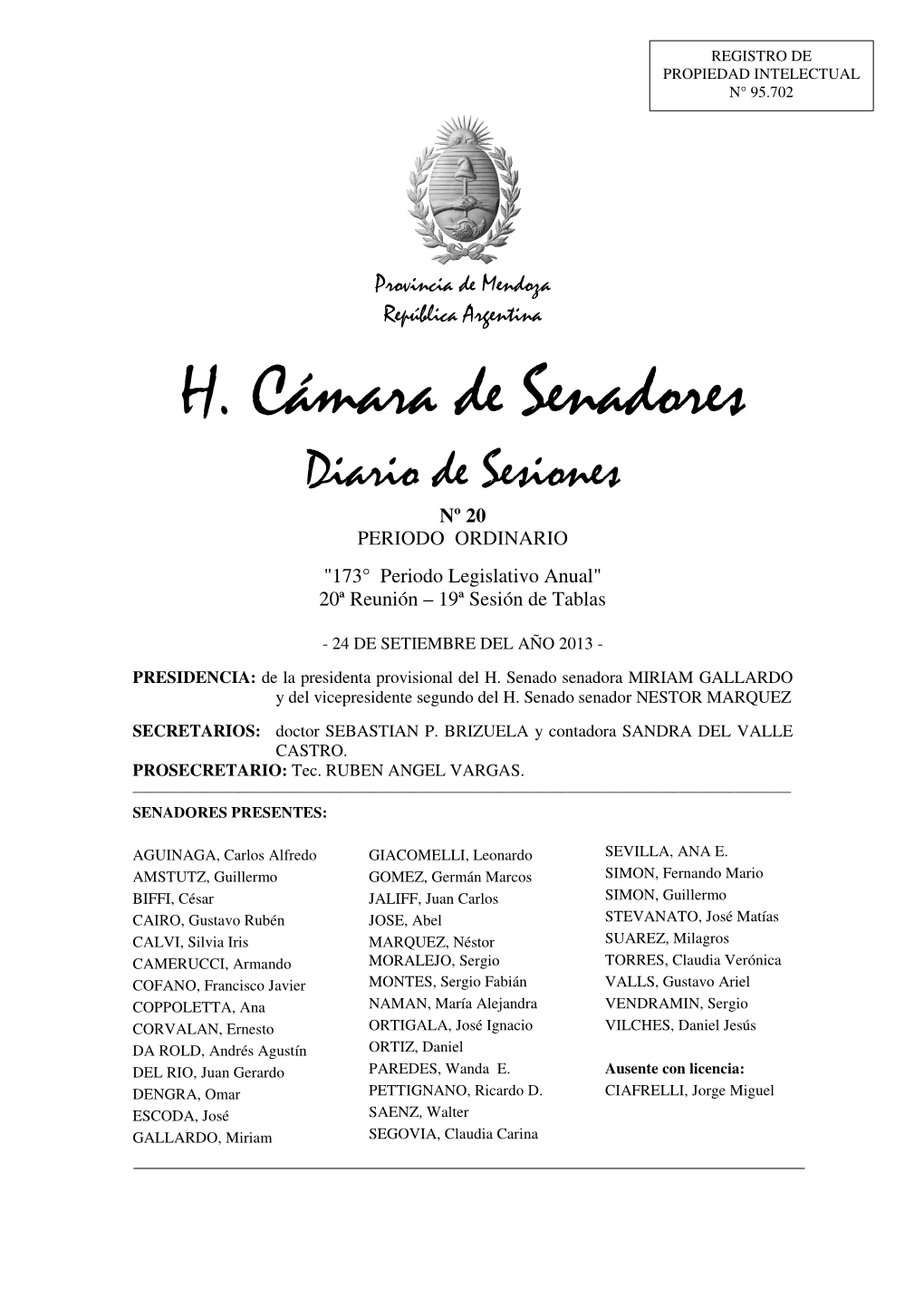 H. Cámara De Senadores Diario De Sesiones Nº 20 PERIODO ORDINARIO