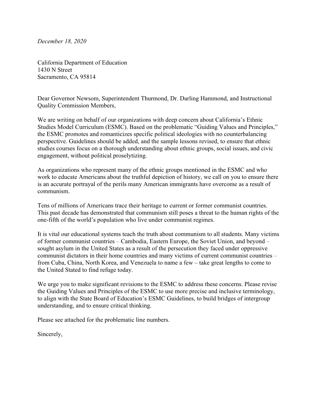 December 18, 2020 California Department of Education 1430 N Street Sacramento, CA 95814 Dear Governor Newsom, Superintendent