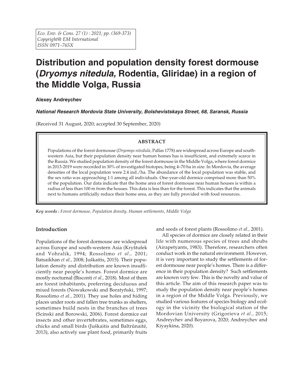 Distribution and Population Density Forest Dormouse (Dryomys Nitedula, Rodentia, Gliridae) in a Region of the Middle Volga, Russia