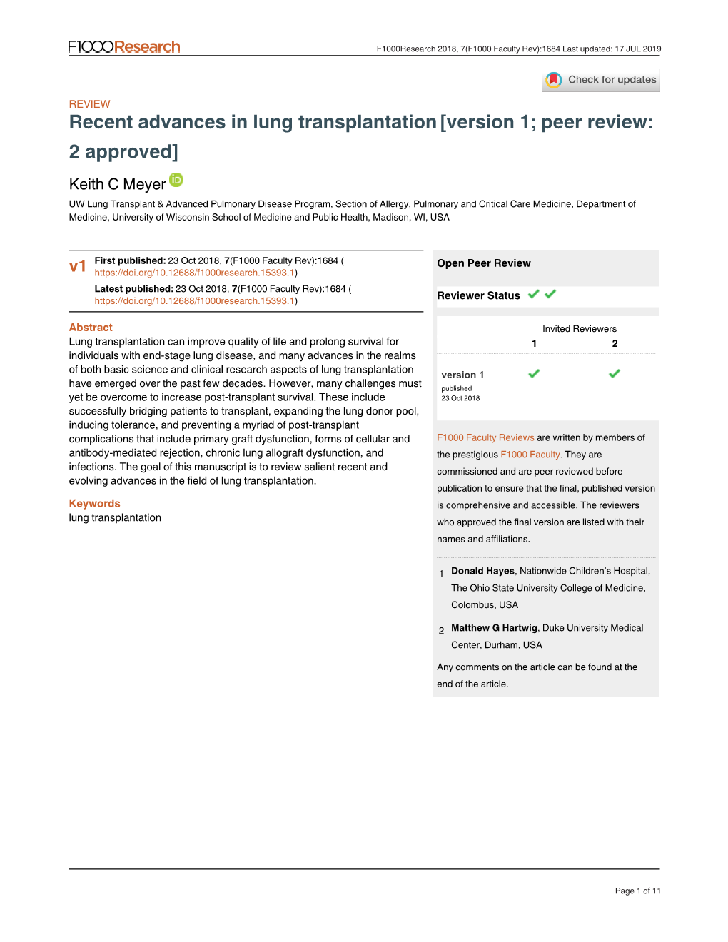 Recent Advances in Lung Transplantation[Version 1; Peer Review: 2 Approved]