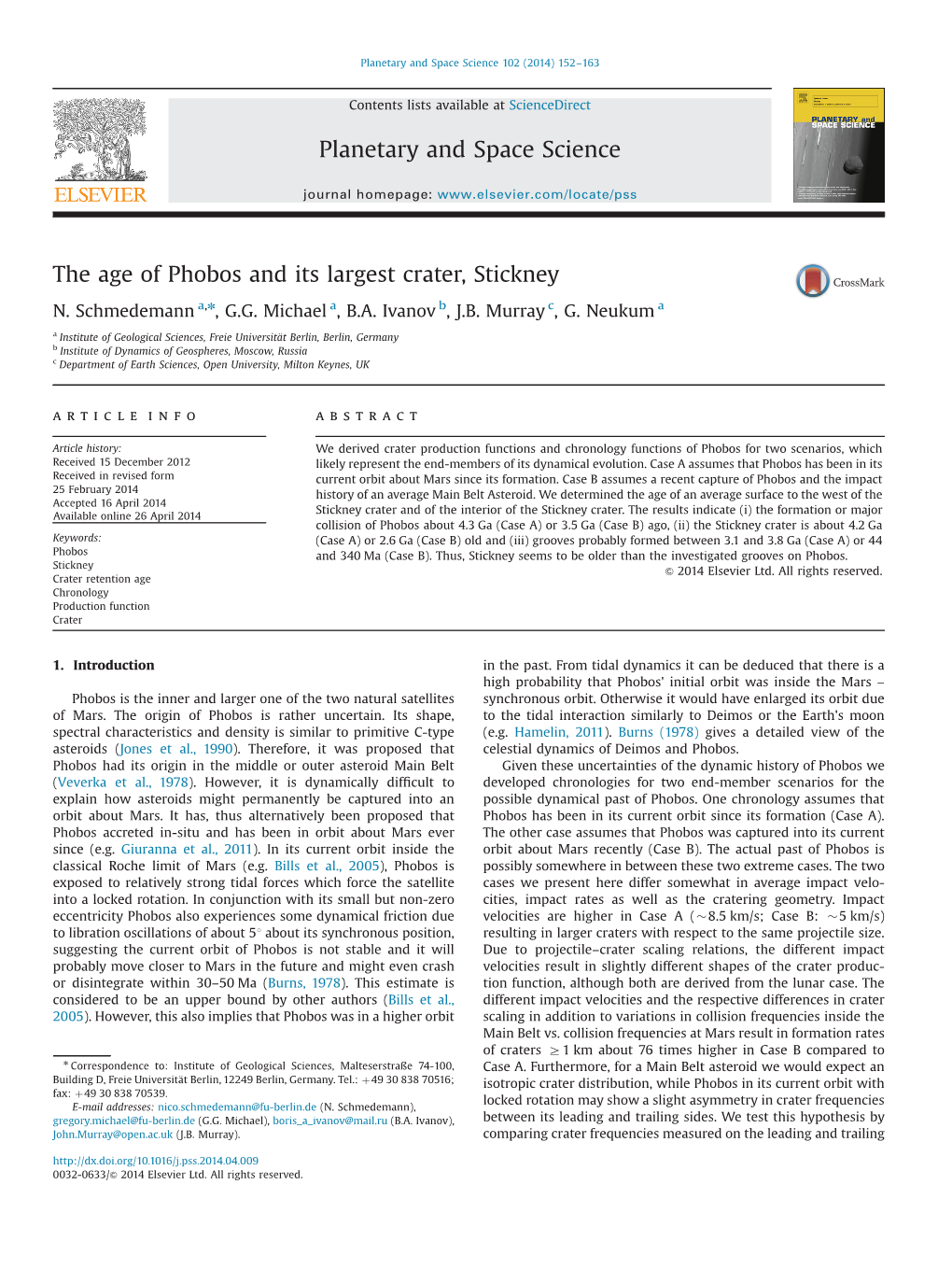 The Age of Phobos and Its Largest Crater, Stickney