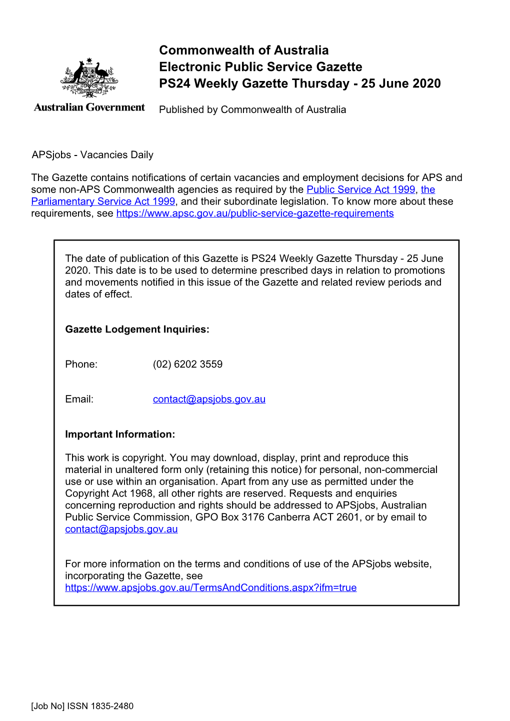 Commonwealth of Australia Electronic Public Service Gazette PS24 Weekly Gazette Thursday - 25 June 2020