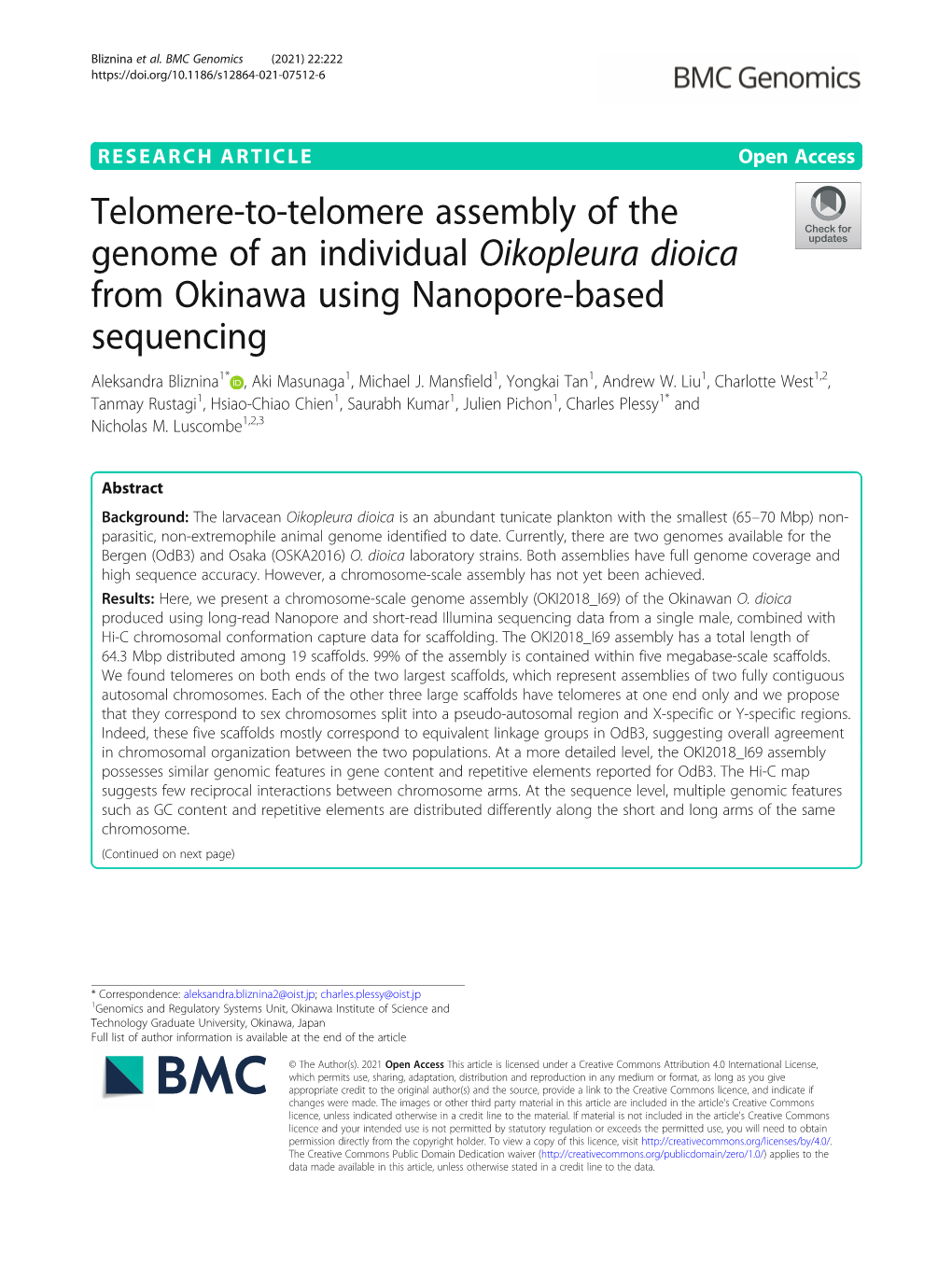 Telomere-To-Telomere Assembly of the Genome of an Individual Oikopleura