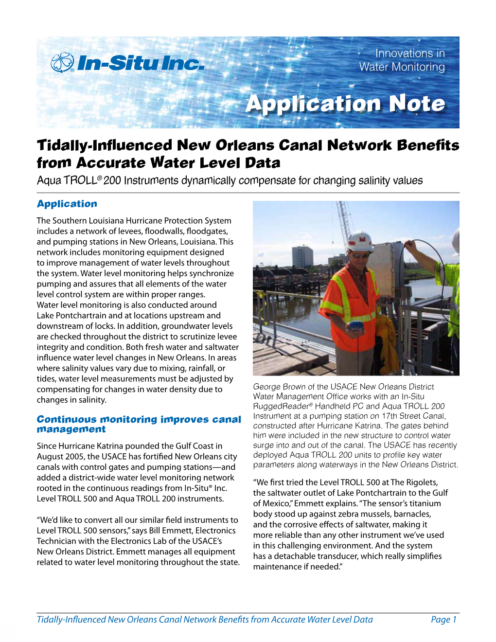 Tidally-Influenced New Orleans Canal Network Benefits from Accurate Water Level Data Aqua TROLL® 200 Instruments Dynamically Compensate for Changing Salinity Values