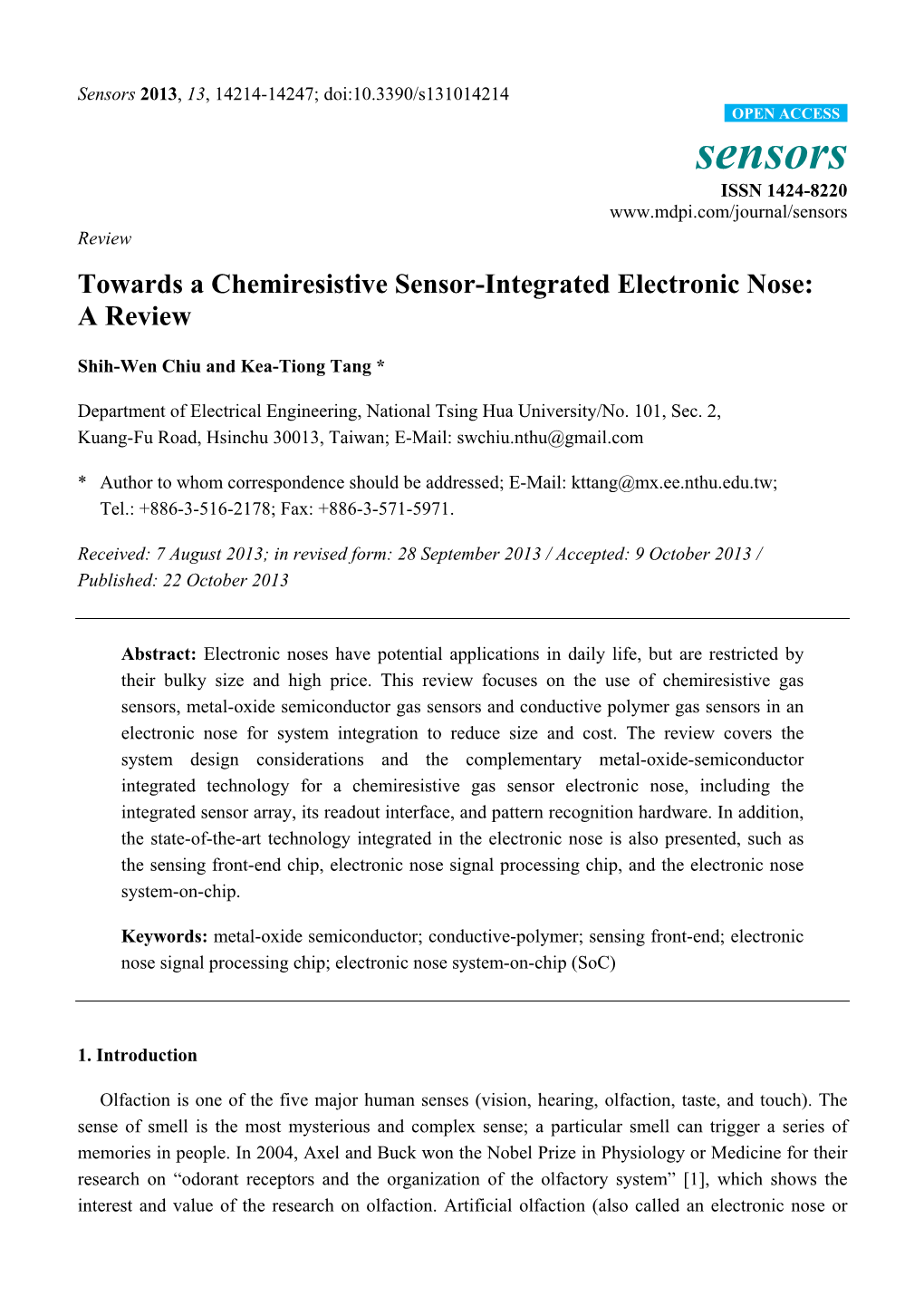 Towards a Chemiresistive Sensor-Integrated Electronic Nose: a Review