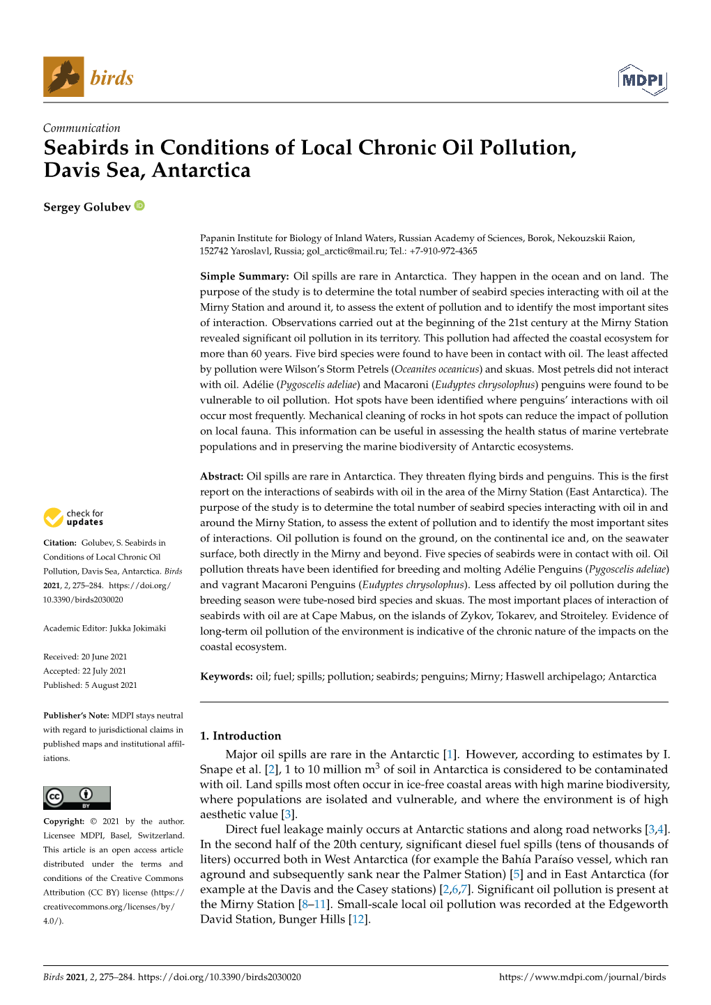 Seabirds in Conditions of Local Chronic Oil Pollution, Davis Sea, Antarctica