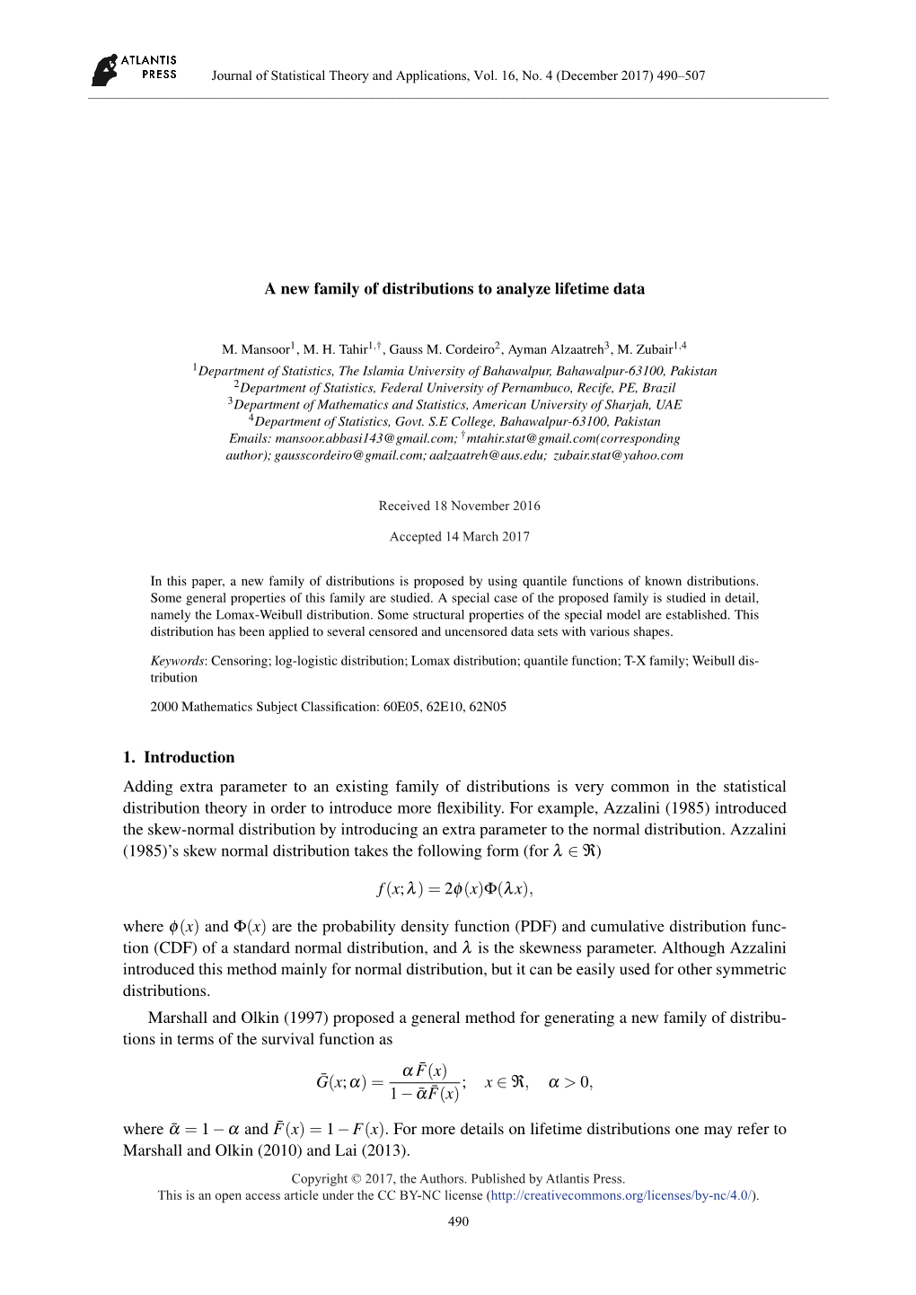 A New Family of Distributions to Analyze Lifetime Data 1. Introduction