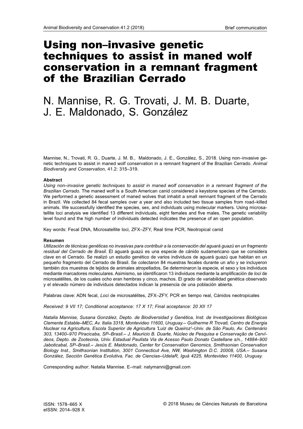 Using Non–Invasive Genetic Techniques to Assist in Maned Wolf Conservation in a Remnant Fragment of the Brazilian Cerrado