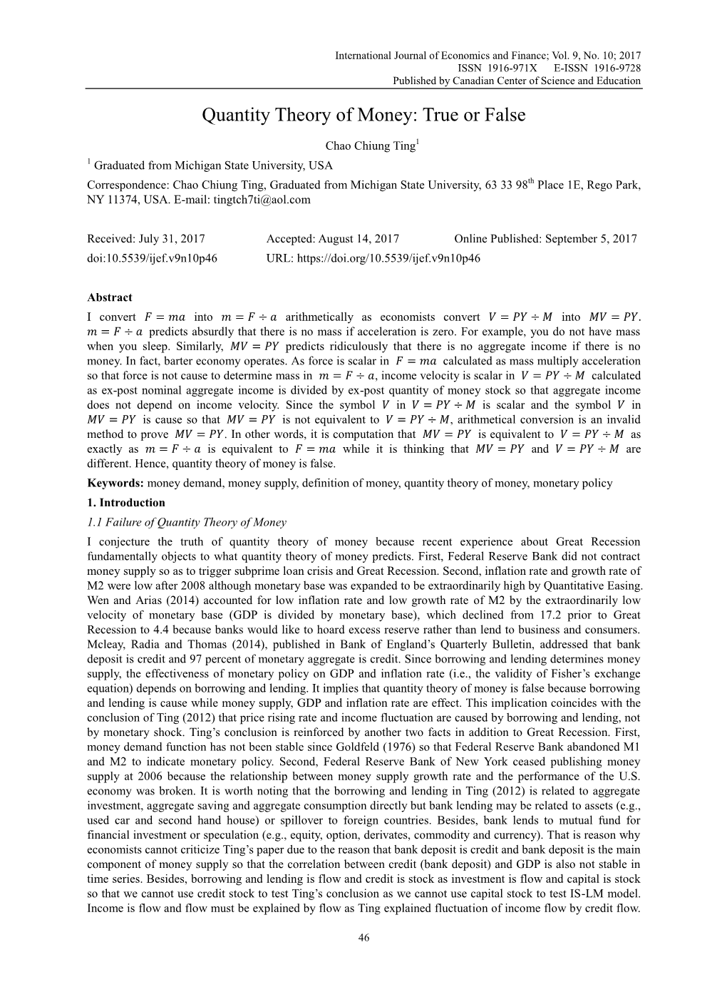 Quantity Theory of Money: True Or False