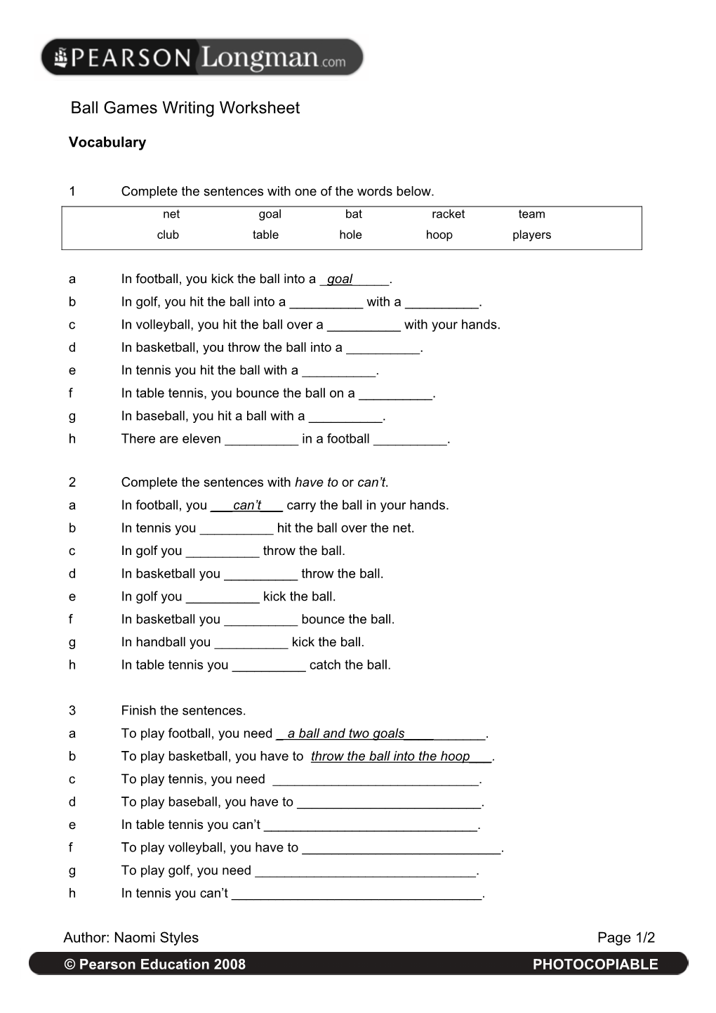 Ball Games Writing Worksheet