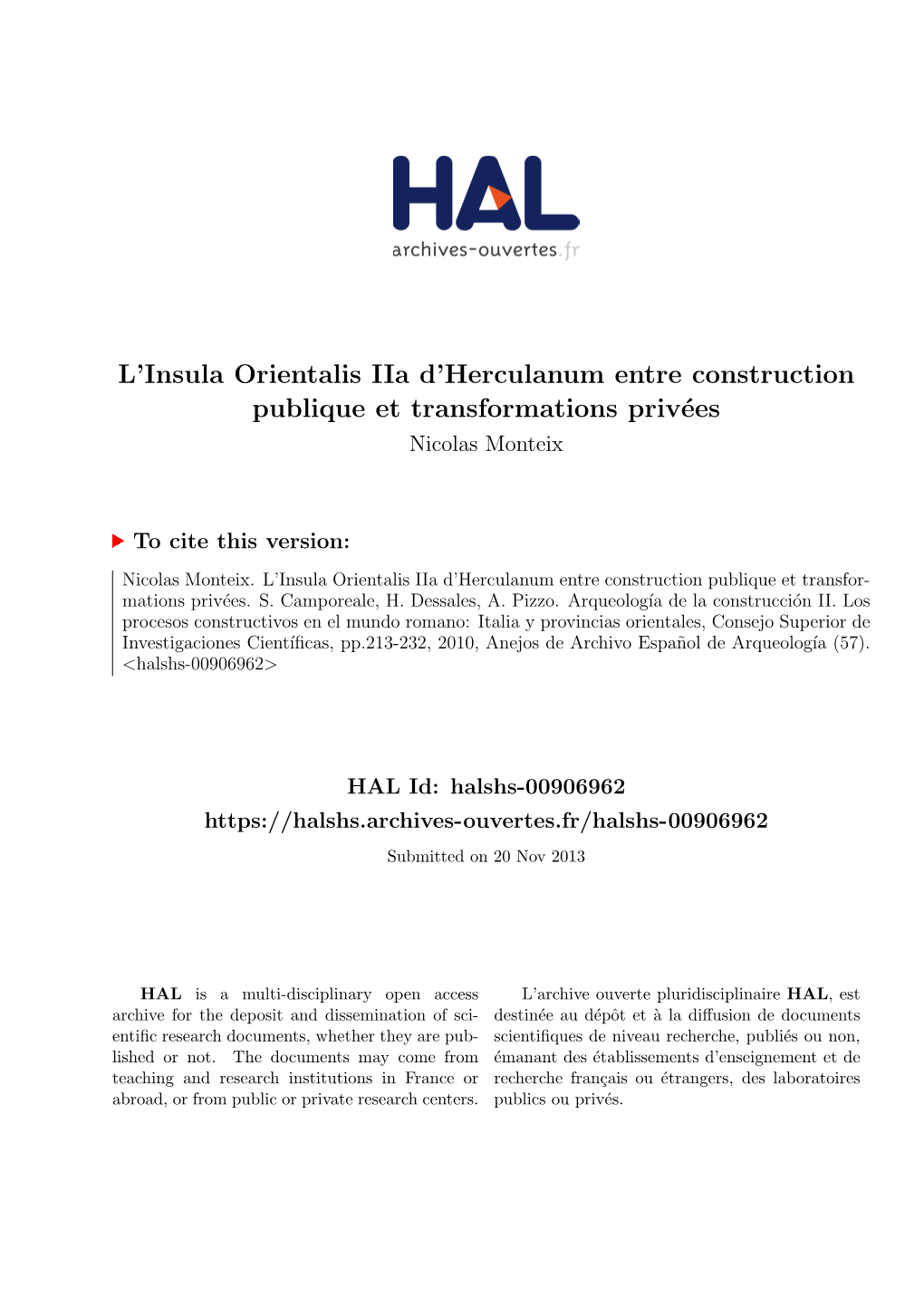 L'insula Orientalis Iia D'herculanum Entre Construction Publique Et