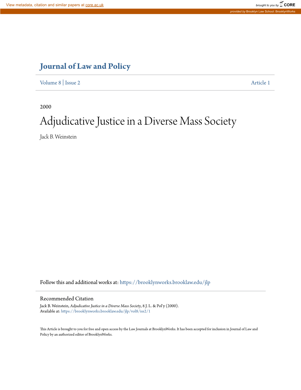 Adjudicative Justice in a Diverse Mass Society Jack B