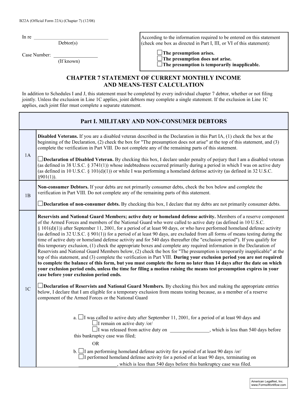 Chapter 7 Statement of Current Monthly Income and Means-Test Calculation B22A