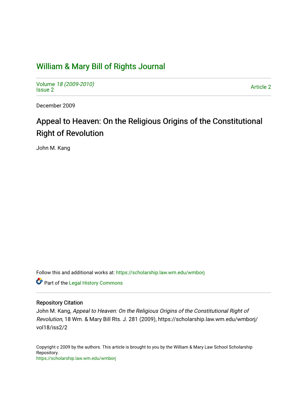 Appeal to Heaven: on the Religious Origins of the Constitutional Right of Revolution