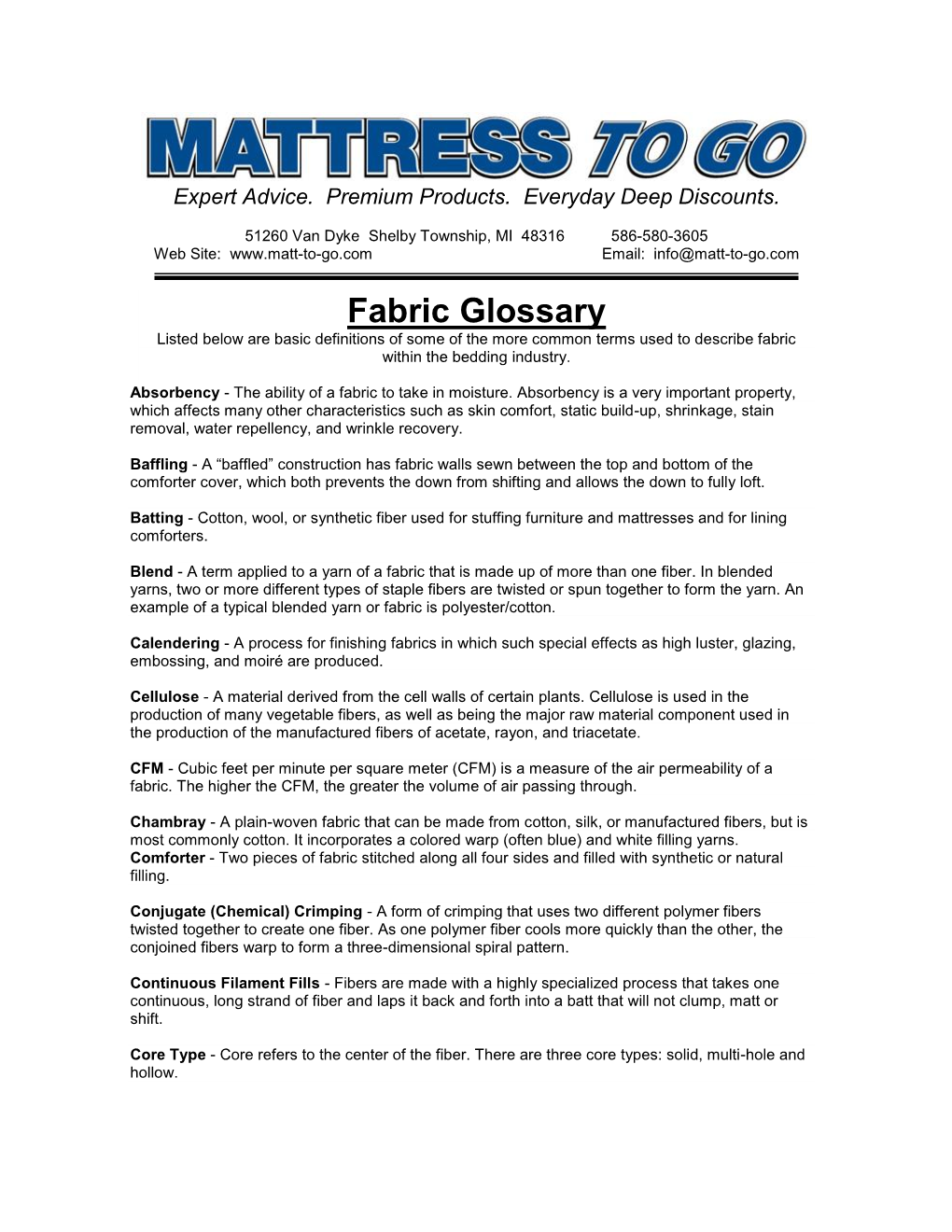 Fabric Glossary Listed Below Are Basic Definitions of Some of the More Common Terms Used to Describe Fabric Within the Bedding Industry