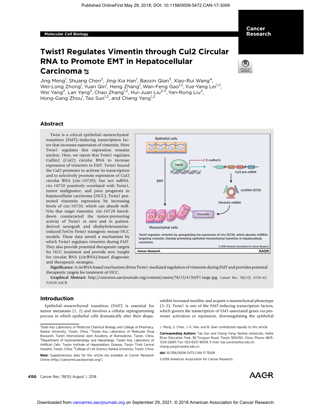 Twist1 Regulates Vimentin Through Cul2 Circular RNA to Promote EMT