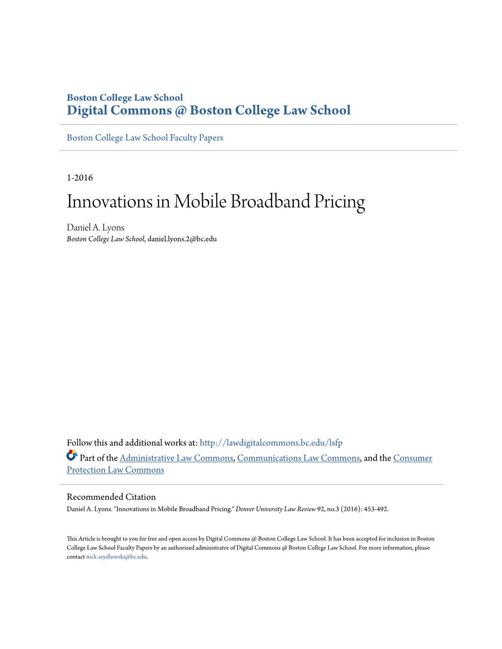 Innovations in Mobile Broadband Pricing Daniel A