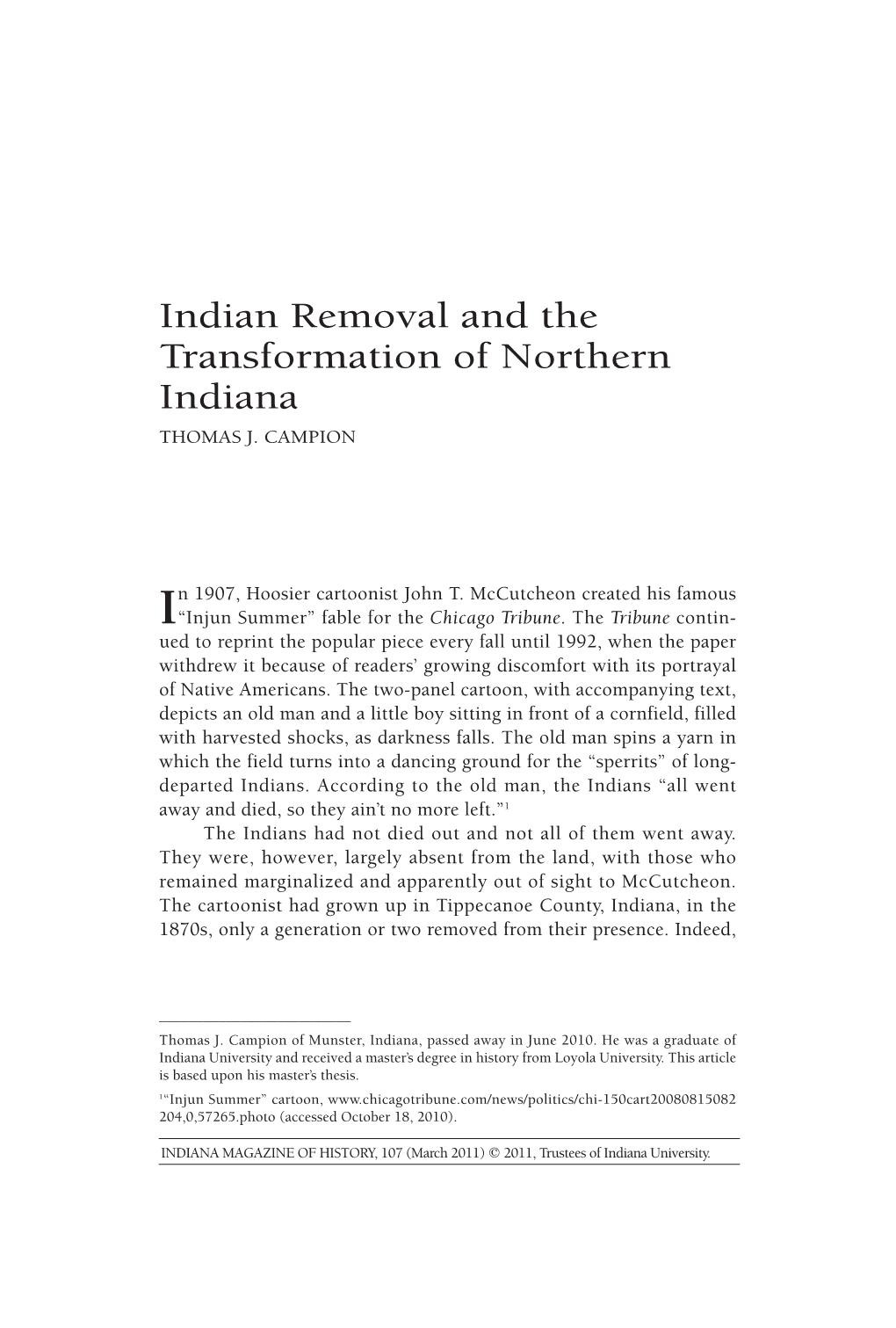 Indian Removal and the Transformation of Northern Indiana THOMAS J