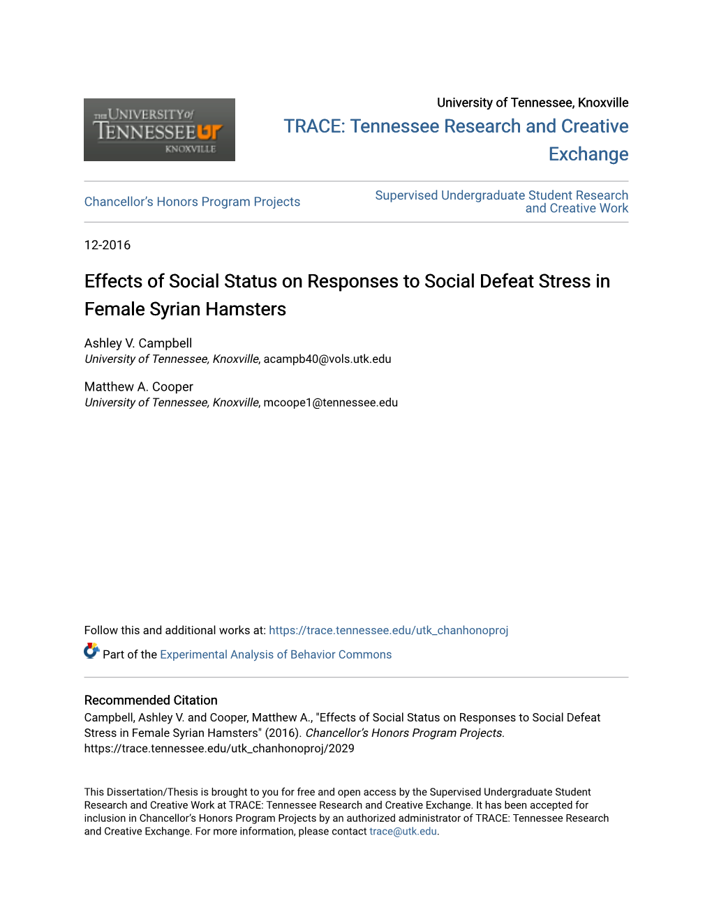 Effects of Social Status on Responses to Social Defeat Stress in Female Syrian Hamsters