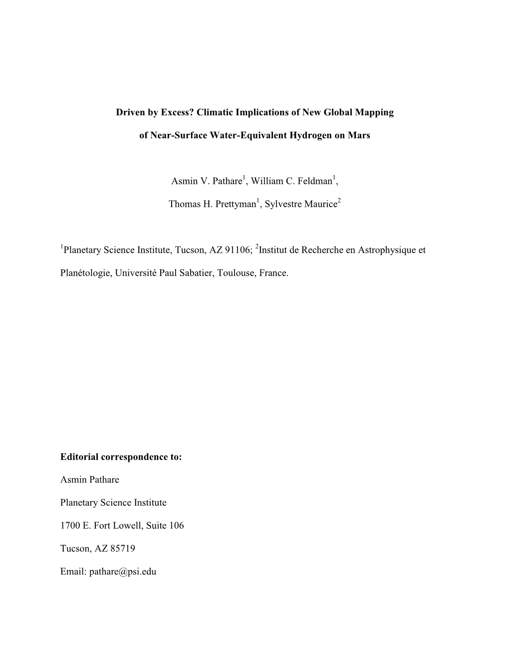 Climatic Implications of New Global Mapping of Near-Surface Water-Equivalent Hydrogen on Mars Asmin V. Pathar