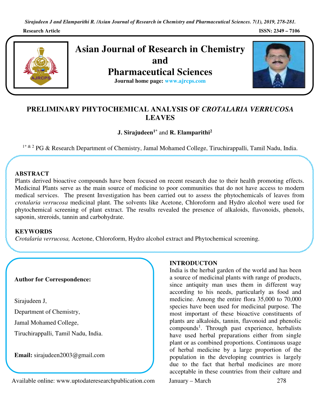 Preliminary Phytochemical Analysis of Crotalaria Verrucosa Leaves