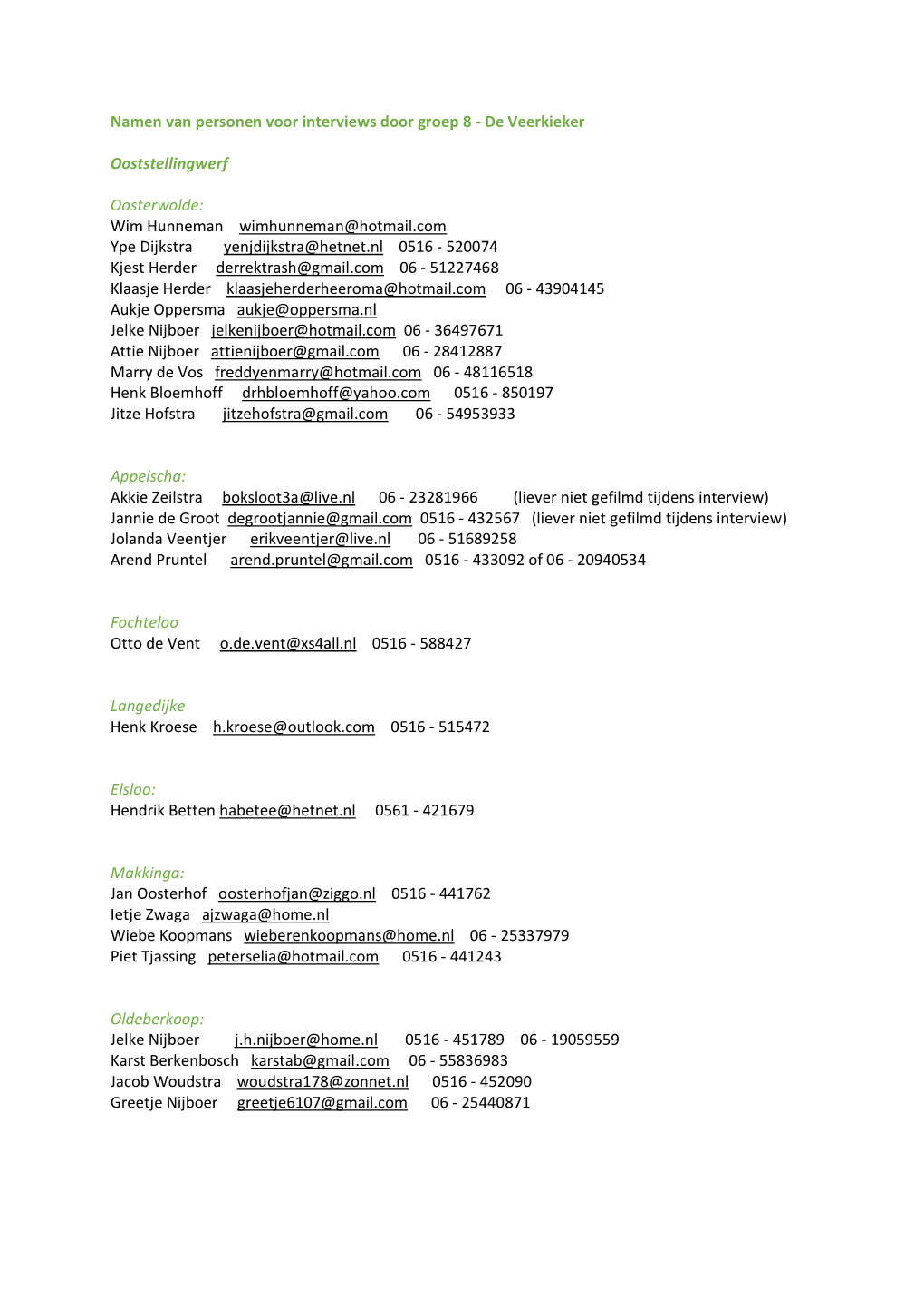 Namen Van Personen Voor Interviews Door Groep 8 - De Veerkieker