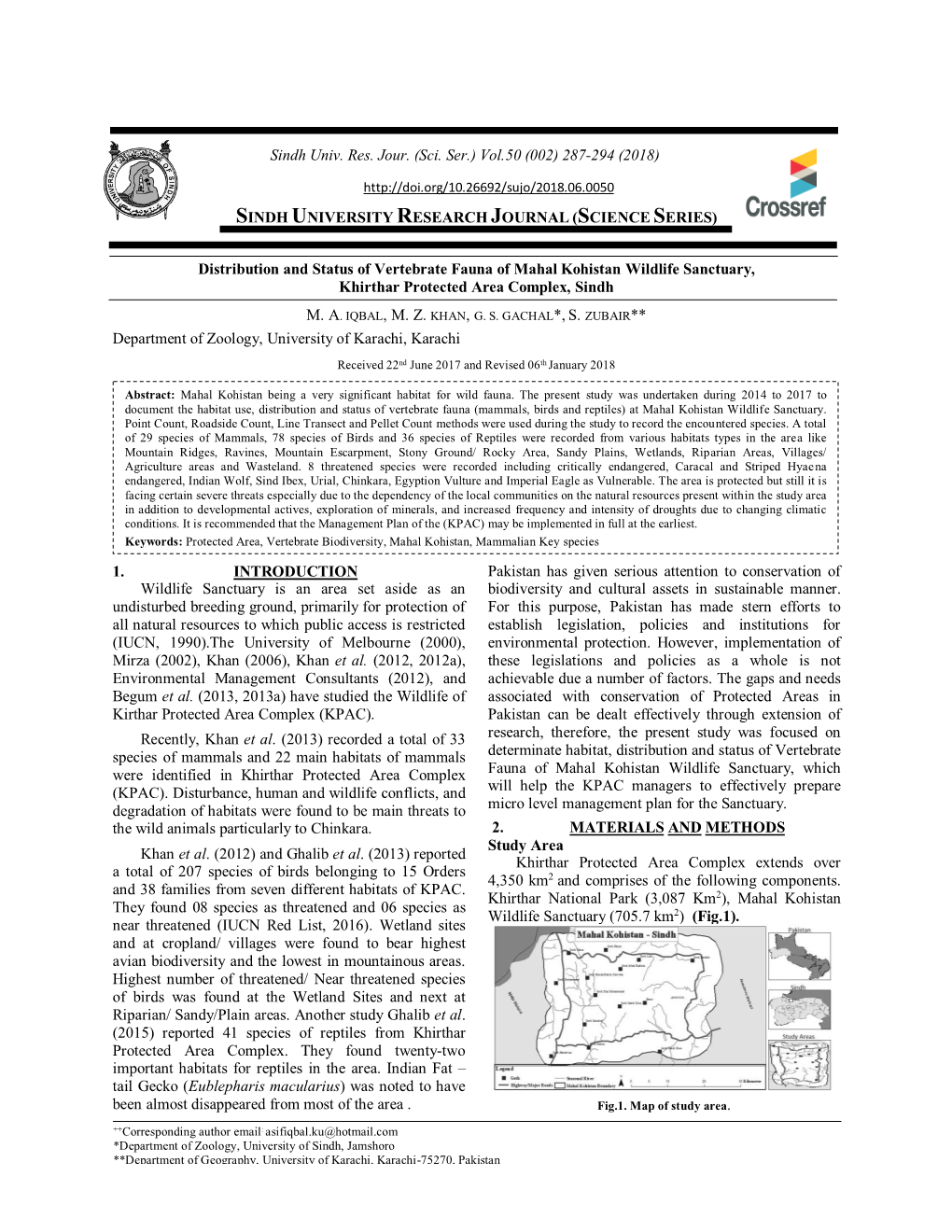 Distribution and Status of Vertebrate Fauna of Mahal Kohistan Wildlife Sanctuary, Khirthar Protected Area Complex, Sindh