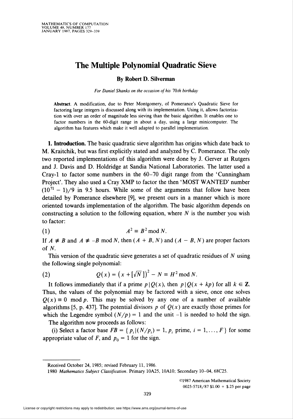 The Multiple Polynomial Quadratic Sieve