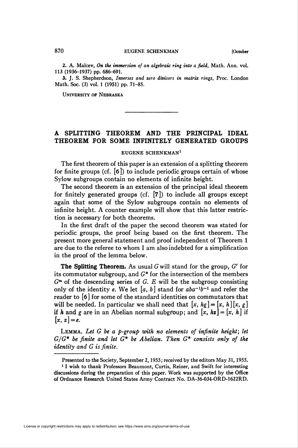 A Splitting Theorem and the Principal Ideal Theorem for Some Infinitely Generated Groups