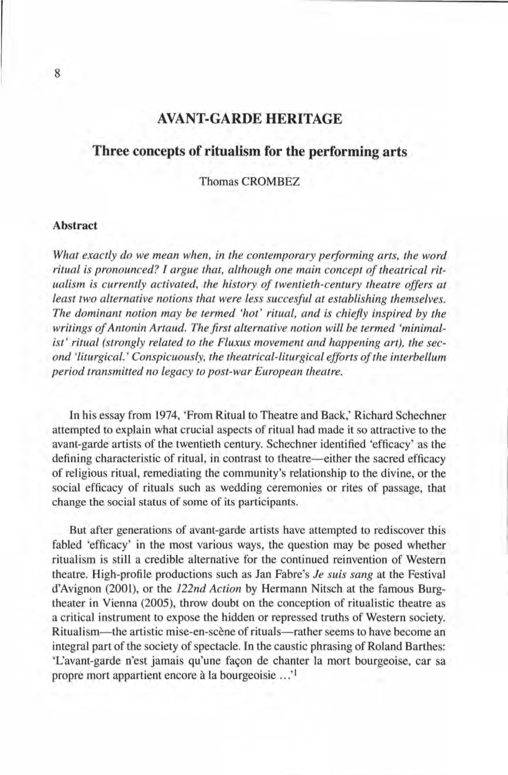 Three Concepts of Ritualism for the Performing Arts