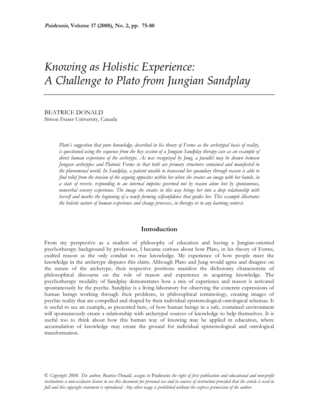 Knowing As Holistic Experience: a Challenge to Plato from Jungian Sandplay