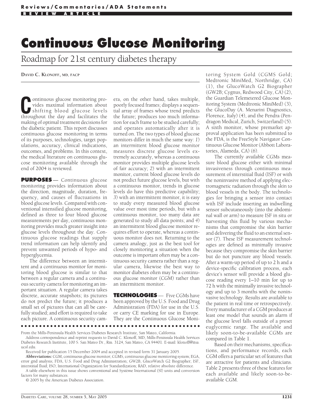 Continuous Glucose Monitoring Roadmap for 21St Century Diabetes Therapy