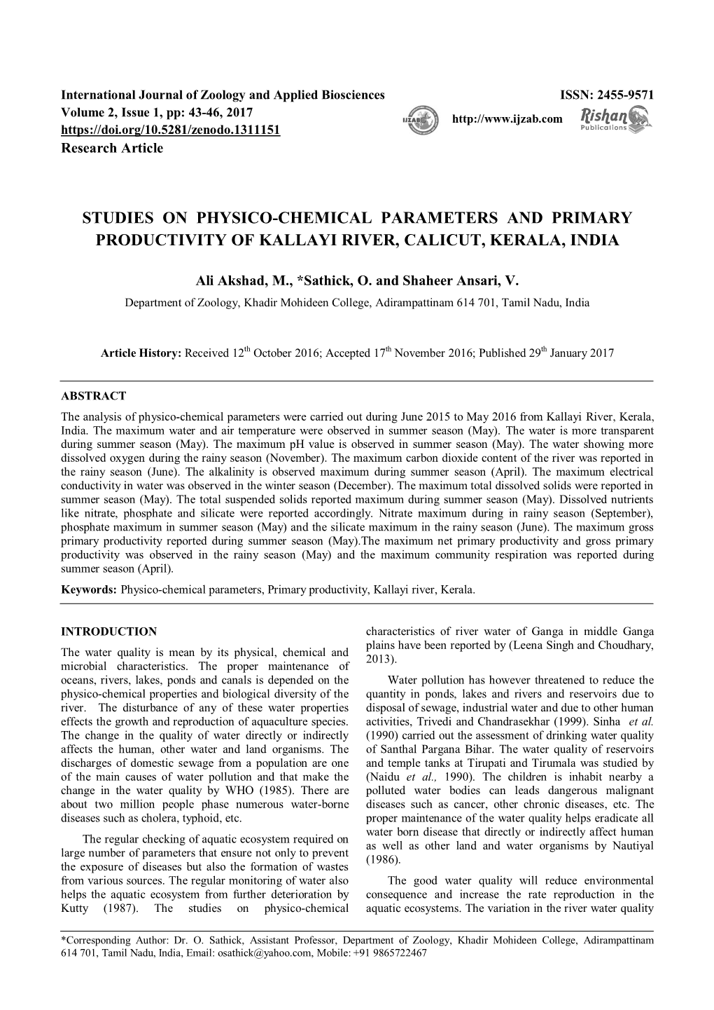 Studies on Physico-Chemical Parameters and Primary Productivity of Kallayi River, Calicut, Kerala, India