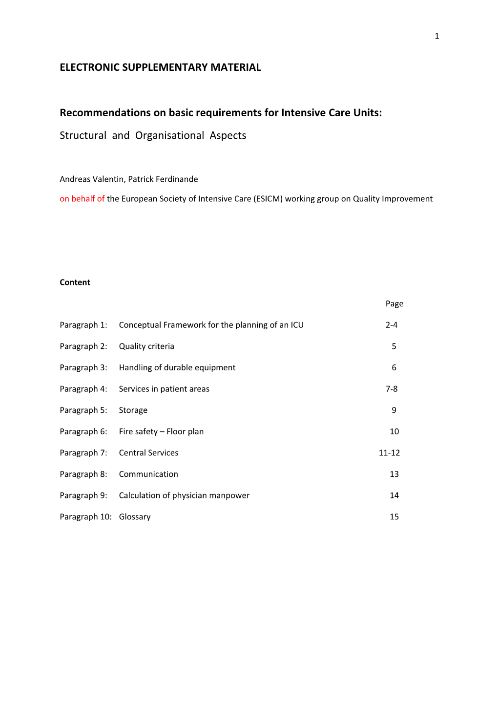 Recommendations on Basic Requirements for Intensive Care Units