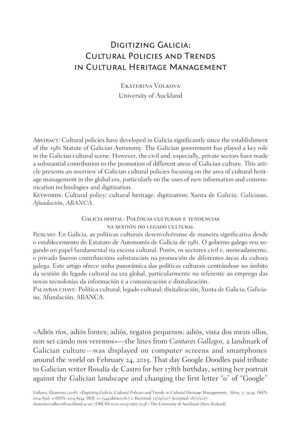 Digitizing Galicia: Cultural Policies and Trends in Cultural Heritage Management