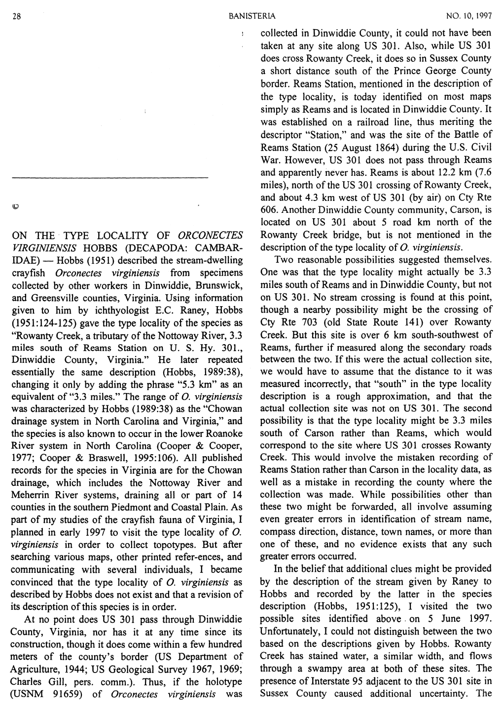 On the Type Locality of Orconectes Virginiensis Hobbs