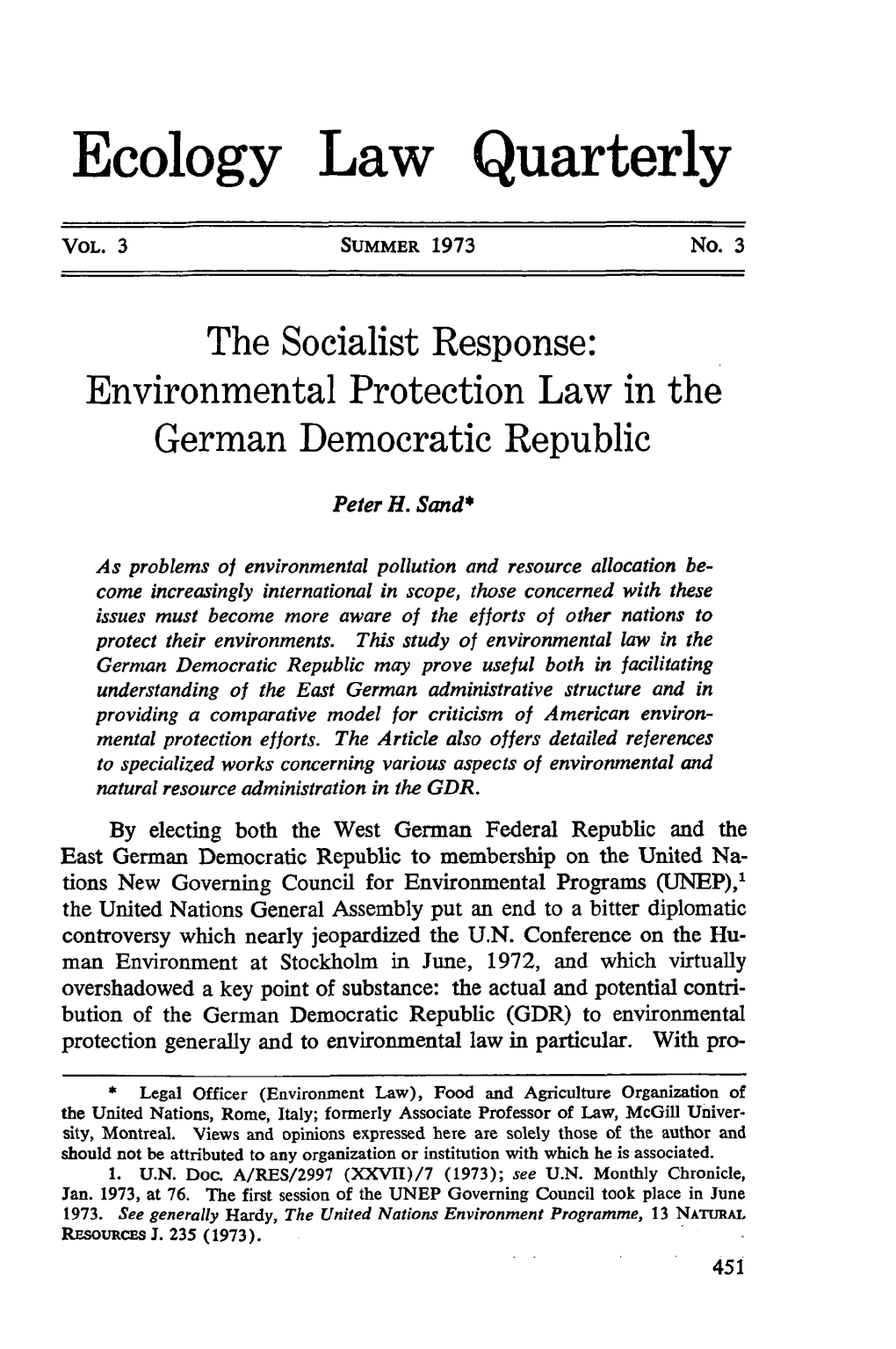 The Socialist Response: Environmental Protection Law in the German Democratic Republic