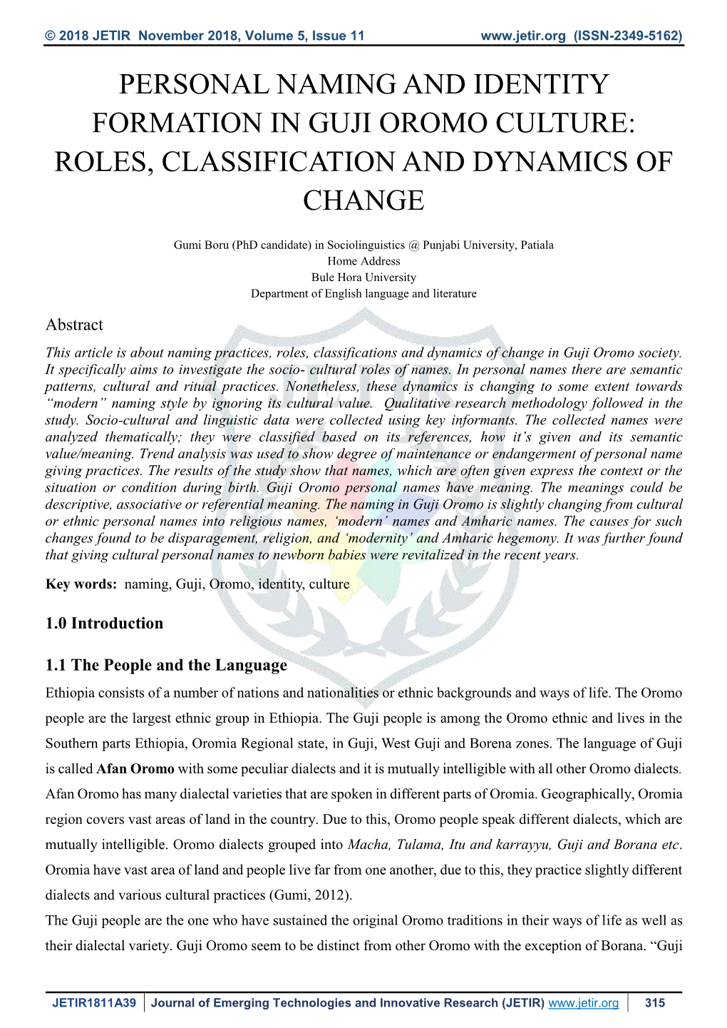 Personal Naming and Identity Formation in Guji Oromo Culture: Roles, Classification and Dynamics of Change