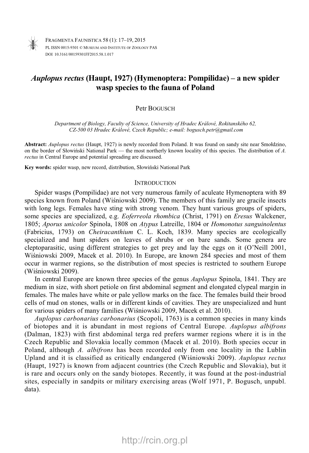 Auplopus Rectus (Haupt, 1927) (Hymenoptera: Pompilidae) – a New Spider Wasp Species to the Fauna of Poland