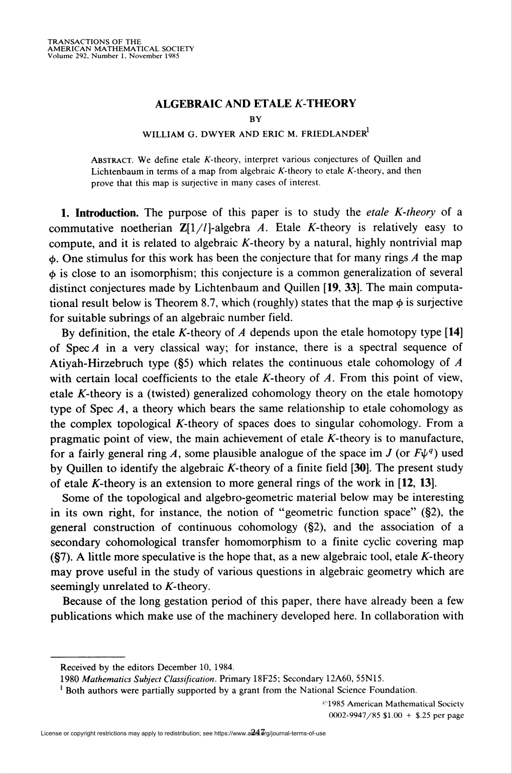 Algebraic and Etale A-Theory by William G