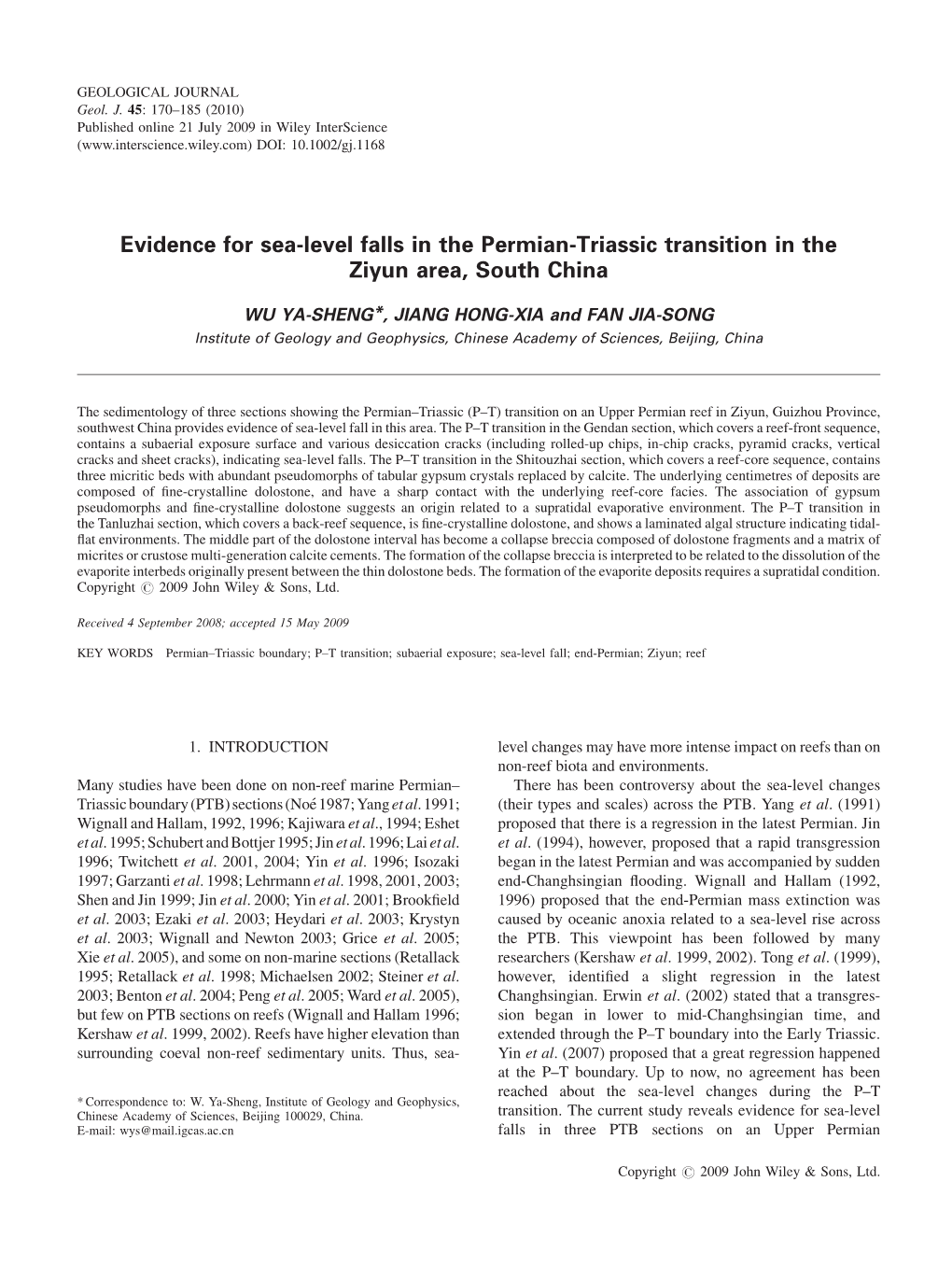 Evidence for Sea-Level Falls in the Permian-Triassic Transition in the Ziyun Area, South China