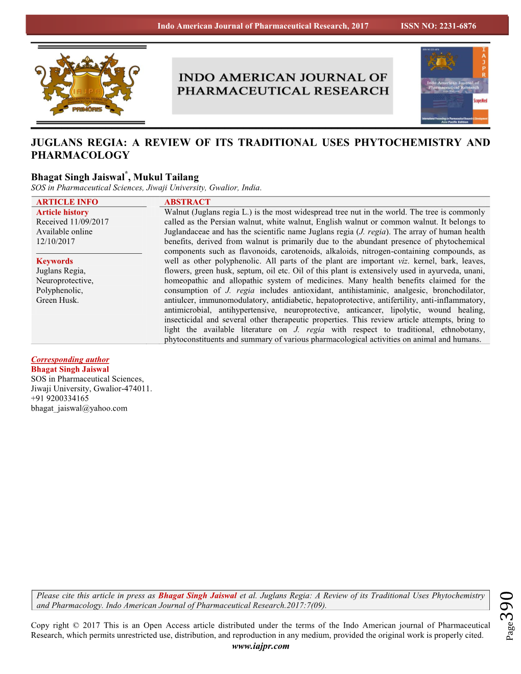 Juglans Regia: a Review of Its Traditional Uses Phytochemistry and Pharmacology