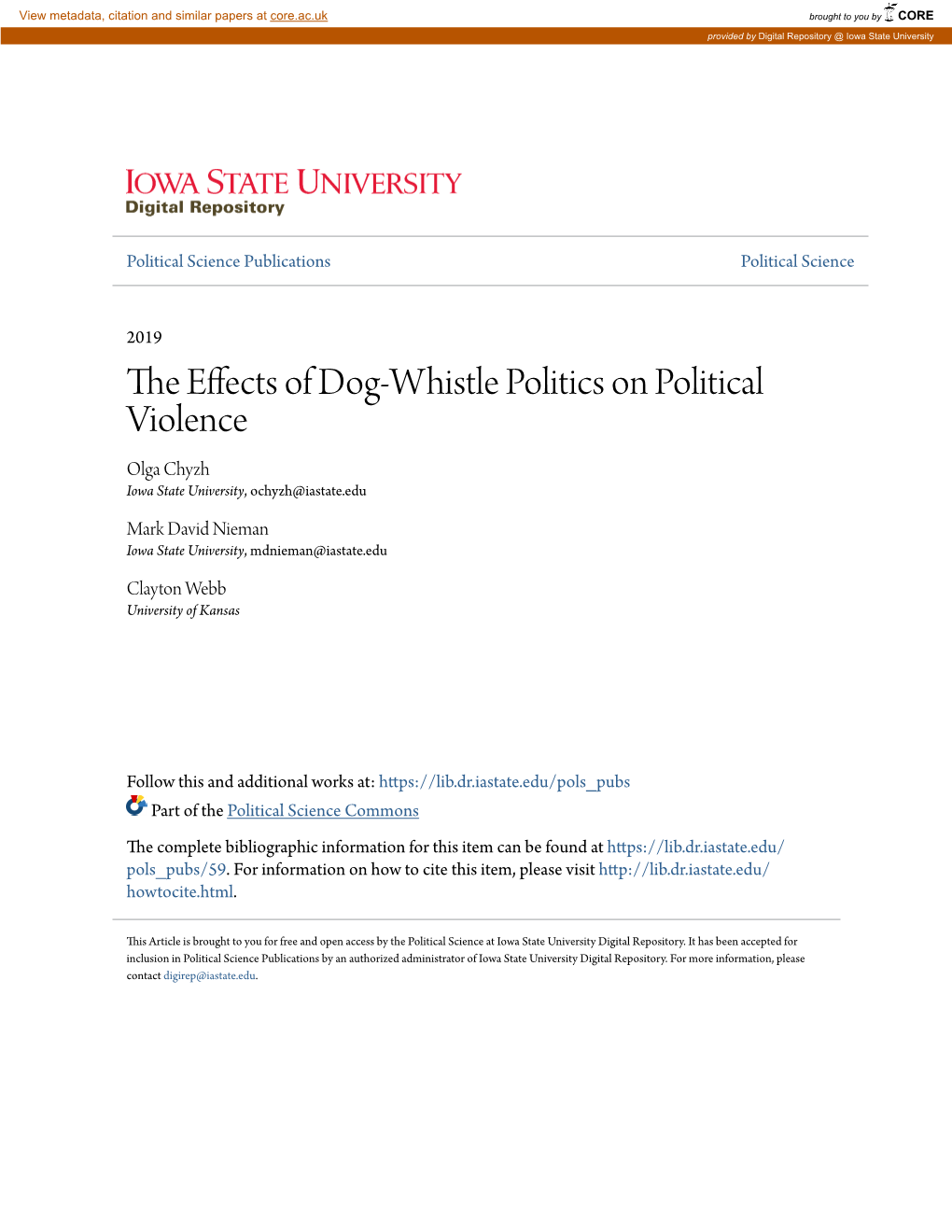 Dog-Whistle Politics on Political Violence Olga Chyzh Iowa State University, Ochyzh@Iastate.Edu